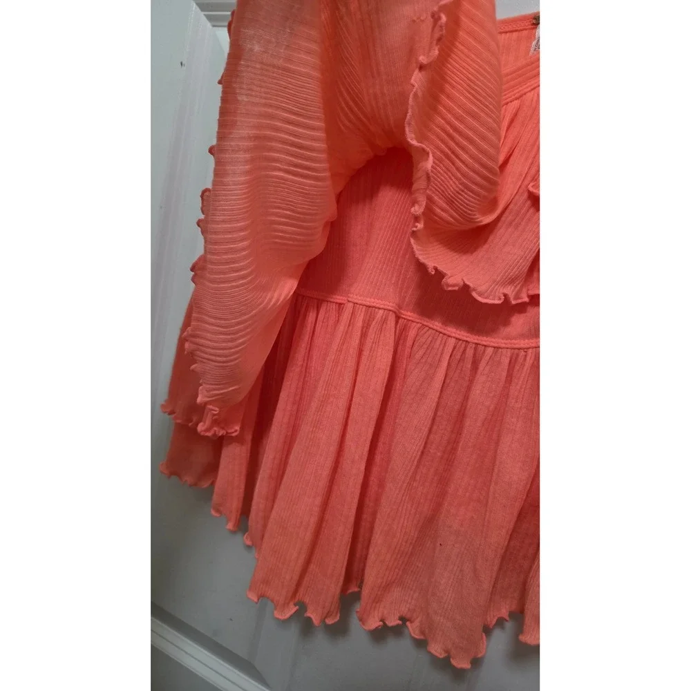 Free People Cami Top Womens Medium Neon Coral Orange Ribbed Ruffle Boho Peplum‎